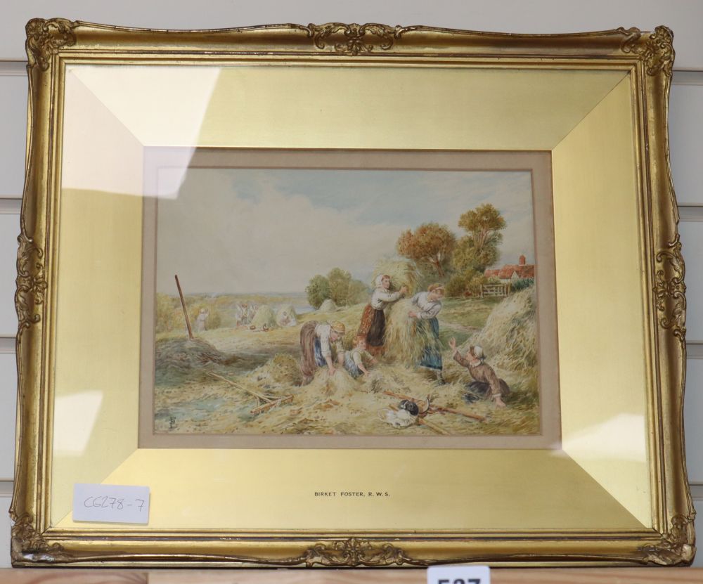 After Birket Foster, watercolour, Harvest scene, bears monogram, 18 x 26cm